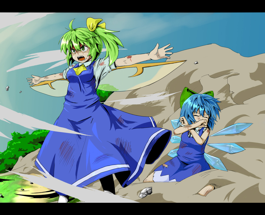 angry blood blue_hair bow cirno daiyousei dress dust fang fubuki_(ringdeng) green_eyes green_hair highres injury kneeling multiple_girls outstretched_arms protecting spread_arms torn_clothes touhou wince wind wings