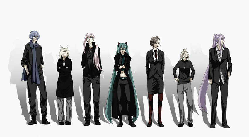 4girls aqua_hair bad_id bad_pixiv_id blonde_hair blue_hair brown_eyes formal ghost_in_the_shell ghost_in_the_shell_lineup ghost_in_the_shell_stand_alone_complex hatsune_miku kagamine_len kagamine_rin kaito kamui_gakupo lineup long_hair megurine_luka meiko mrzn multiple_boys multiple_girls navel necktie pants pantyhose parody pink_hair ponytail purple_hair scarf short_hair skirt skirt_suit suit twintails very_long_hair vocaloid