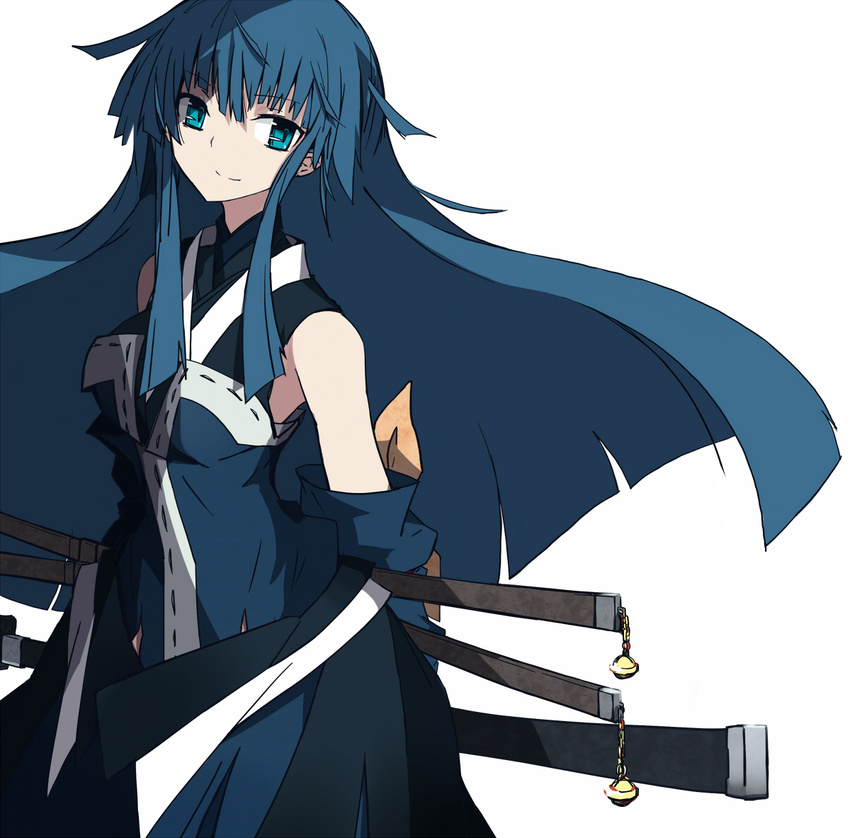 bare_shoulders bell blue_eyes blue_hair bow chain detached_sleeves hair_bow jingle_bell katana long_hair original sheath sheathed simple_background smile solo sword vane weapon