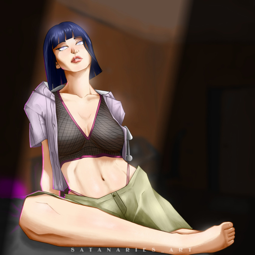 1girl bed belly blue_hair bra breasts curvy feet fishnets highres hyuuga_hinata knee_up large_breasts light_rays lips naruto_(series) naruto_shippuuden no_pants open_clothes open_shirt room satanaries self_upload short_hair shorts sidelighting skinny solo sunbeam sunlight toes underwear white_eyes
