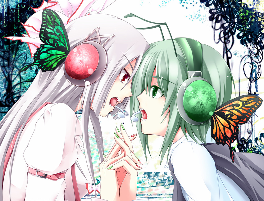 antennae bow bug butterfly butterfly_hair_ornament eye_contact face-to-face fujiwara_no_mokou green_eyes green_hair green_nails hair_bow hair_ornament headphones holding_hands insect long_hair looking_at_another magnet_(vocaloid) midori_(misuriru8) multiple_girls nail_polish open_mouth parody pink_nails red_eyes short_hair silver_hair touhou vocaloid wriggle_nightbug
