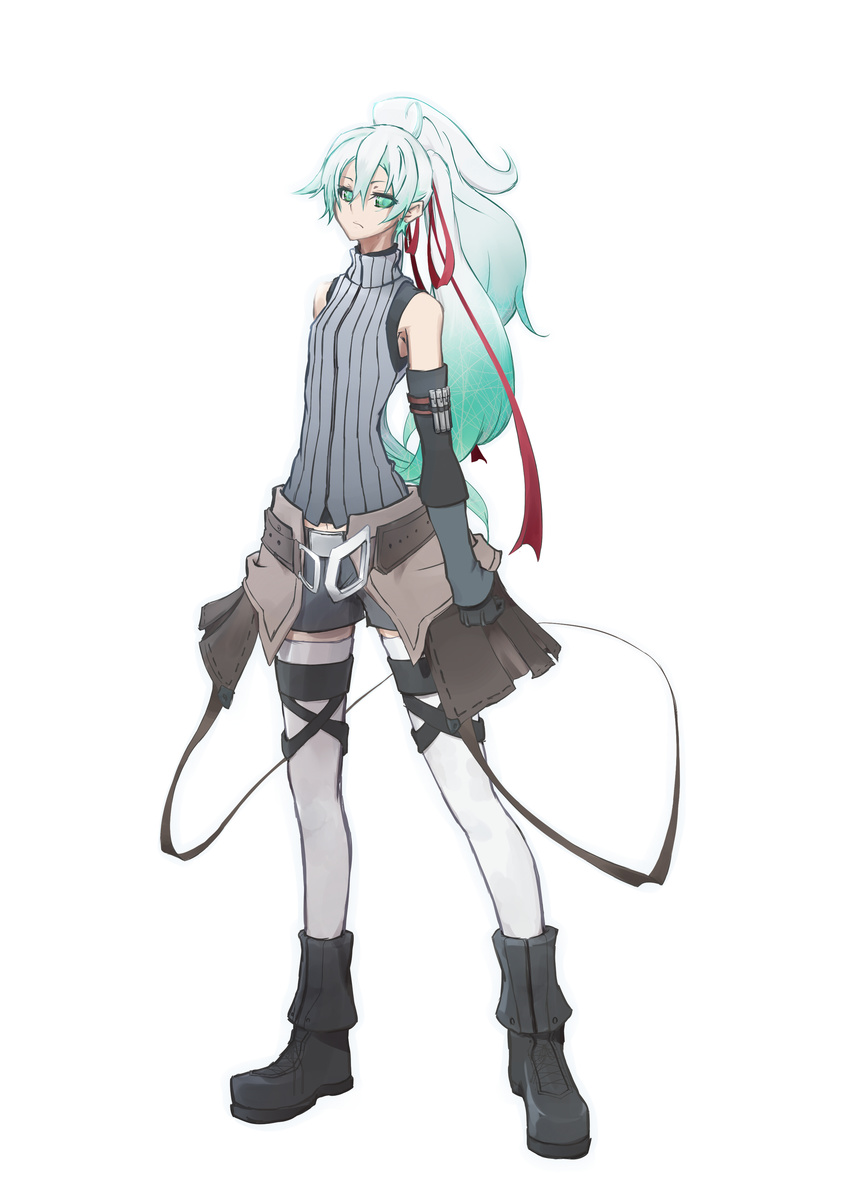 absurdres aqua_eyes aqua_hair bad_id bad_pixiv_id bare_shoulders belt boots detached_sleeves frown full_body gloves gradient_hair hair_ribbon highres long_hair multicolored_hair original ponytail ribbon shorts simple_background sleeveless sleeveless_turtleneck snowdrop solo standing thighhighs turtleneck vane white_hair white_legwear