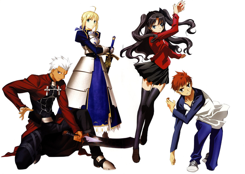 2girls archer armor artist_request artoria_pendragon_(all) black_legwear blonde_hair caliburn dark_skin dark_skinned_male emiya_shirou fate/stay_night fate_(series) kanshou_&amp;_bakuya legs long_legs long_sleeves miniskirt multiple_boys multiple_girls saber sheath skirt sword thighhighs toosaka_rin turtleneck unsheathing weapon zettai_ryouiki