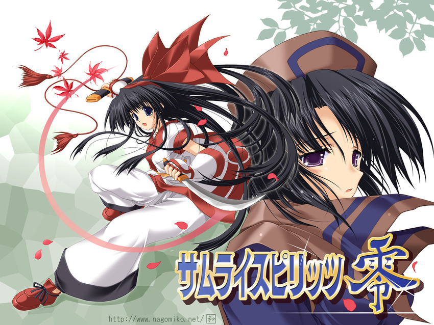 :o black_hair blue_eyes bow detached_sleeves full_body hairband hat highres holding holding_sword holding_weapon japanese_clothes long_sleeves looking_at_viewer multiple_girls nakoruru parted_lips purple_eyes red_bow red_footwear rera samurai_spirits scabbard scarf sheath shoelaces shoes sword tenmu_shinryuusai wallpaper weapon