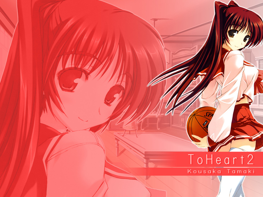 amazuyu_tatsuki basketball brown_eyes highres kousaka_tamaki long_hair long_image long_sleeves red_hair school_uniform serafuku skirt solo stick_poster thighhighs to_heart_2 to_heart_2_xrated zettai_ryouiki zoom_layer