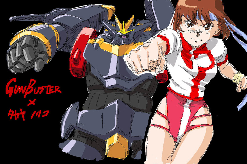 artist_request blue_headband brown_eyes brown_hair character_name clenched_hand gunbuster headband leotard mecha oekaki pink_leotard solo super_robot takaya_noriko thighs top_wo_nerae! wristband