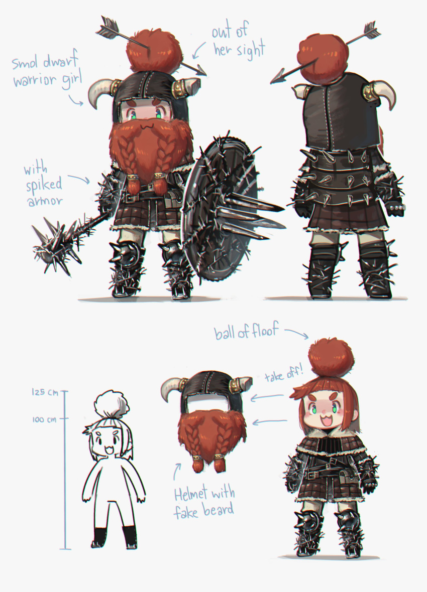 1girl :3 :d absurdres armor armored_boots arrow bangs belt belt_pouch blunt_bangs blush boots braided_beard broken_horn chibi chromatic_aberration commentary directional_arrow dwarf english_text fake_beard fake_facial_hair gauntlets green_eyes hair_bun hair_through_headwear height helmet highres holding holding_shield holding_weapon horned_helmet leather_armor mace multiple_views open_mouth original porforever pouch red_hair shield short_hair simple_background smile spiked_armor spiked_gauntlets spiked_mace spiked_shield symbol_commentary tan tanline thick_eyebrows v-shaped_eyebrows weapon white_background