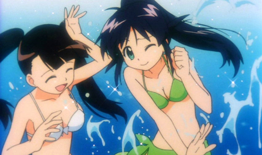 andou_mahoro aqua_eyes bikini black_hair brown_hair closed_eyes long_hair mahoromatic multiple_girls one_eye_closed ponytail screencap swimsuit todoriki_rin twintails