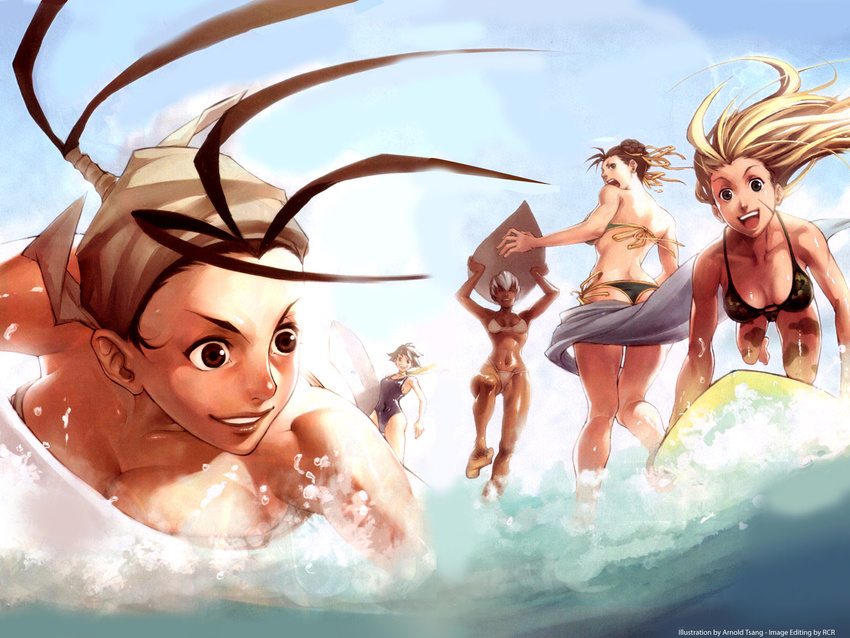 action arm_at_side arms_up arnold_tsang artist_name bandana bare_shoulders barefoot beach bikini black_bikini black_hair black_swimsuit blonde_hair blue_sky braided_bun breast_press breasts brown_eyes brown_hair cammy_white carrying_overhead carrying_under_arm chun-li cleavage collarbone covered_navel dark_skin day double_bun elena_(street_fighter) facial_scar floating_hair from_below green_bikini grin hair_down hair_pulled_back hair_ribbon happy highres ibuki_(street_fighter) laughing long_hair looking_back lying makoto_(street_fighter) medium_breasts multiple_girls ocean on_stomach one-piece_swimsuit outstretched_arm ponytail ribbon sarong sarong_removed scar scar_on_cheek scarf short_hair side-tie_bikini sky smile soles standing street_fighter street_fighter_iii_(series) surfboard swimming swimsuit udon_entertainment v-shaped_eyebrows wading wallpaper white_bikini yellow_scarf