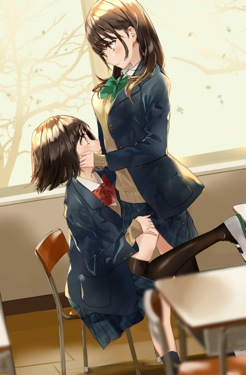 2girls black_legwear blazer blurry_foreground bow brown_hair classroom commentary dutch_angle fujisaki_ribbon hands_on_another's_face hands_on_another's_thighs highres jacket long_hair multiple_girls original plaid plaid_skirt pleated_skirt school_uniform shoes short_hair sitting skirt sweater thighhighs uwabaki yuri