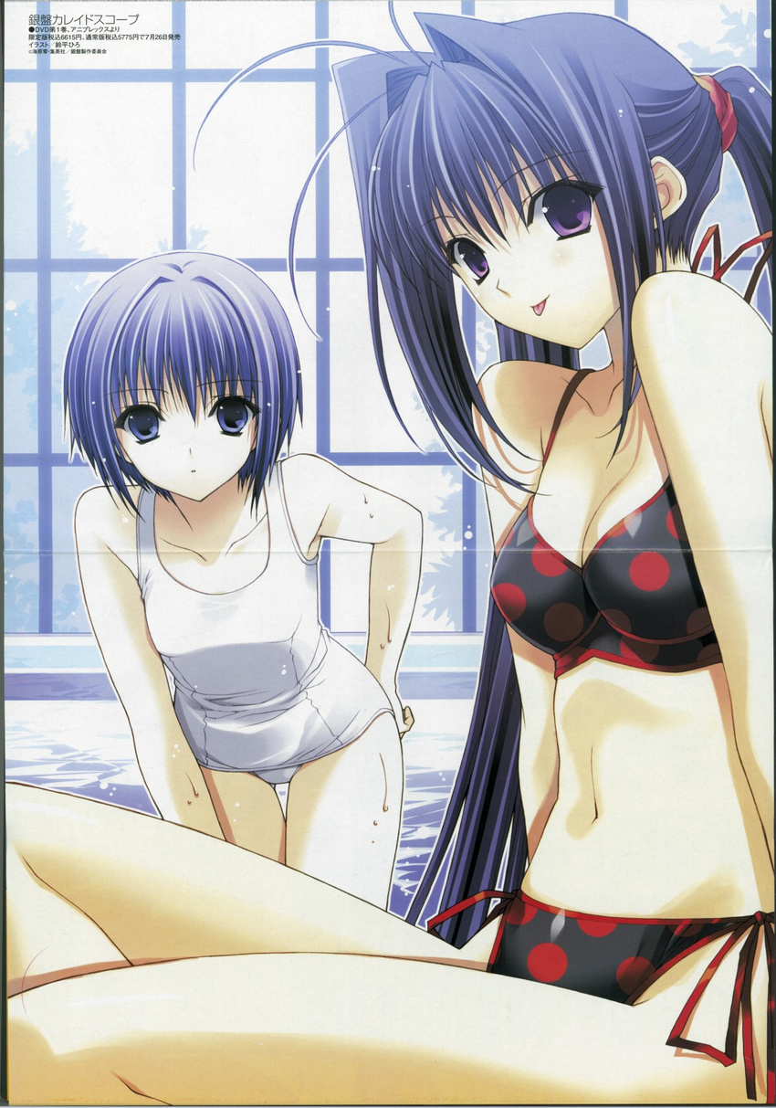 bikini black_hair blue_hair crease ginban_kaleidoscope highres lia_garnet_juitiev long_hair multiple_girls official_art one-piece_swimsuit polka_dot polka_dot_bikini ponytail purple_eyes sakurano_tazusa scan school_swimsuit short_hair side-tie_bikini suzuhira_hiro swimsuit tongue wet white_school_swimsuit white_swimsuit