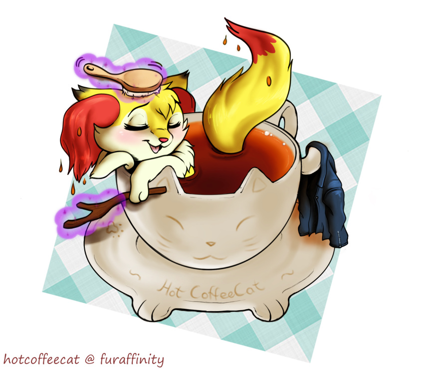 bathing beverage braixen canid canine clothing female fennec fox hotcoffeecat jacket magic mammal nintendo pok&eacute;mon pok&eacute;mon_(species) te tea video_games wet