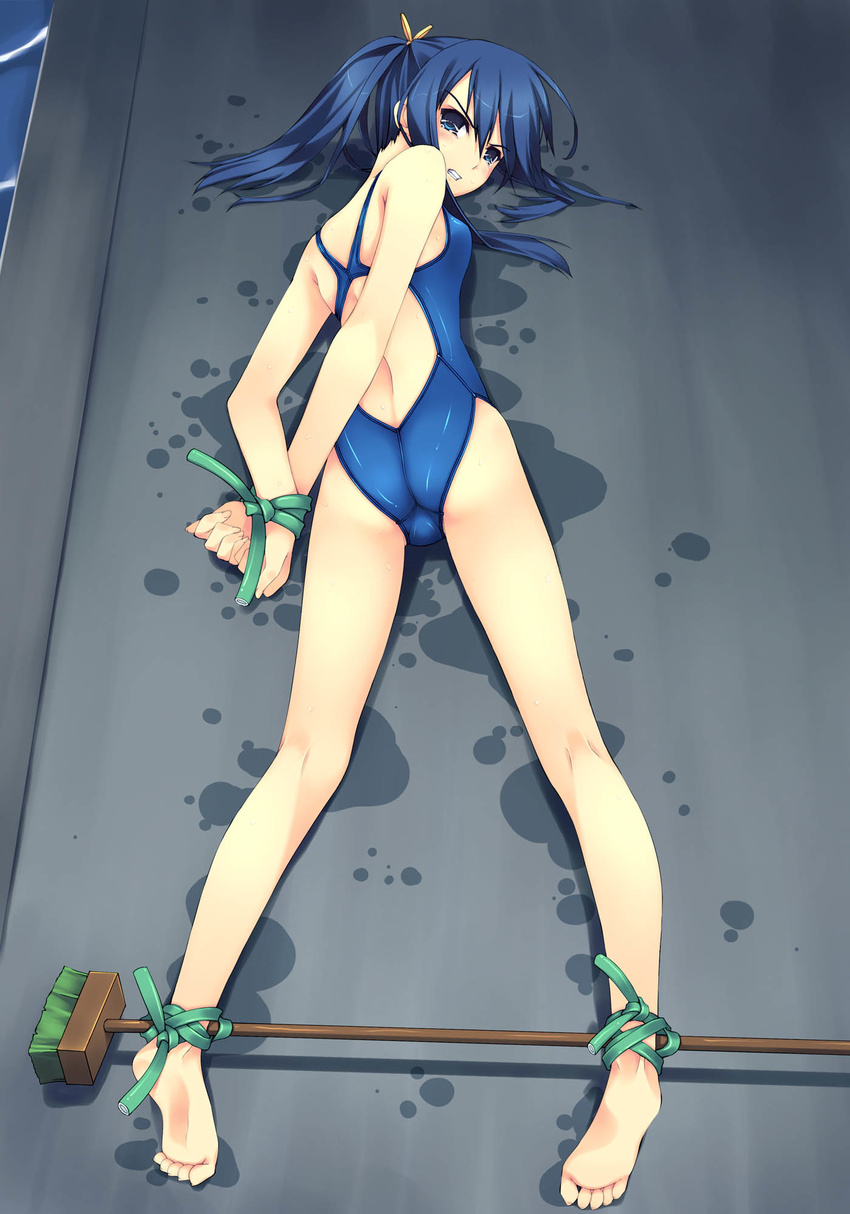 angry ass barefoot bdsm blue_eyes blue_hair blue_haired_girl_(murakami_suigun) bondage bound bound_wrists competition_swimsuit f-ism feet grimace highleg highleg_swimsuit highres kneepits leash legs looking_back lying murakami_suigun on_stomach one-piece_swimsuit original ponytail soles solo spreader_bar swimsuit tears toes trefoil