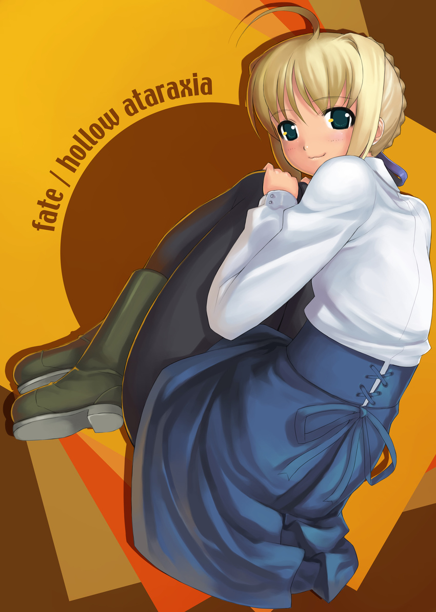 :3 absurdres ahoge artoria_pendragon_(all) blonde_hair blouse blue_eyes boots fate/hollow_ataraxia fate/stay_night fate_(series) fetal_position full_body highres long_sleeves mikazuki_akira! pantyhose saber skirt smile solo