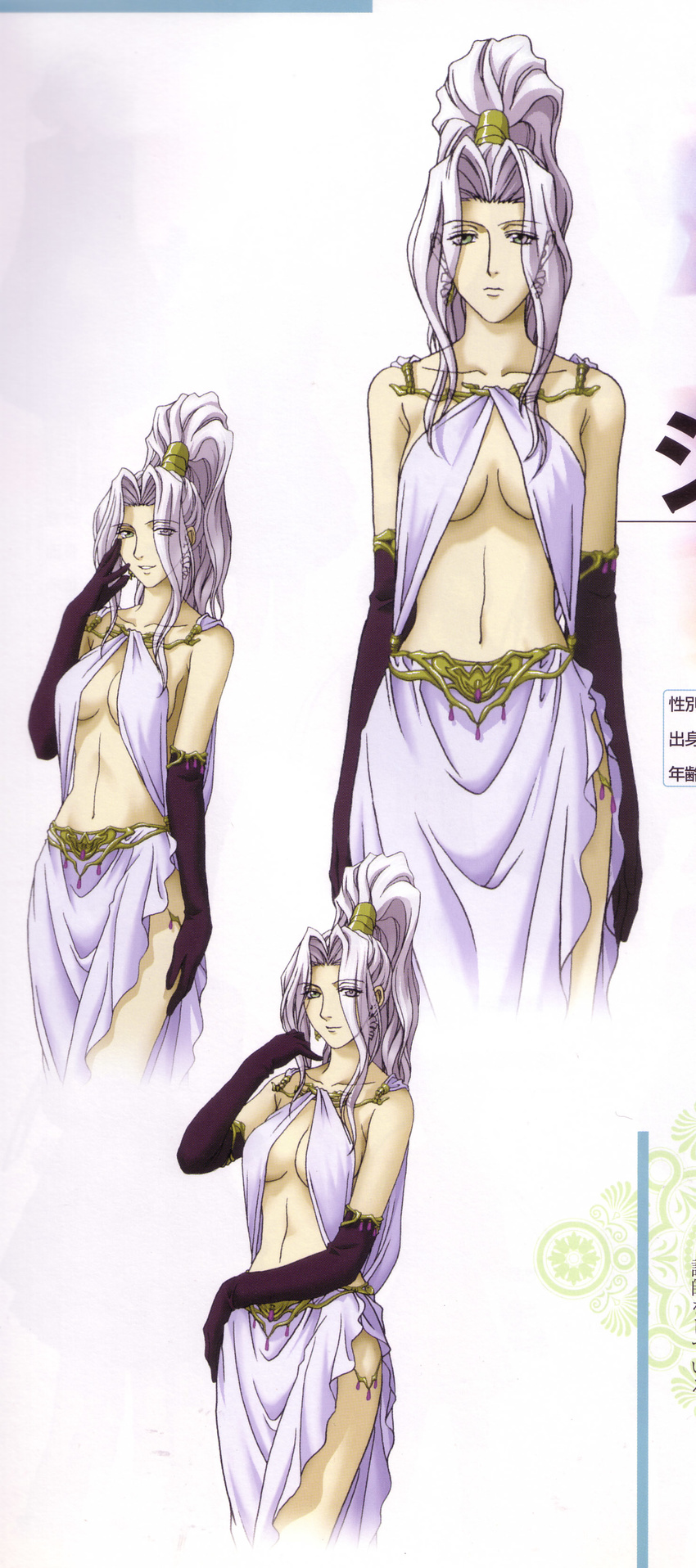 90s absurdres adjusting_hair arm_up bare_shoulders breasts center_opening character_sheet cleavage dress earrings elbow_gloves gensou_suikoden gensou_suikoden_ii gensou_suikogaiden gloves green_eyes hair_ornament hair_over_one_eye hand_on_own_cheek hand_on_own_face high_ponytail highres jeane jewelry large_breasts long_hair midriff multiple_views no_bra official_art ponytail scan side_slit silver_hair slender_waist smile standing thighs variations wavy_hair white_dress yashioka_shou
