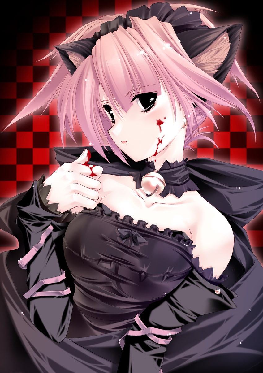 animal_ears bare_shoulders bell black_eyes blood blood_on_face blush cat_ears copyright_request dress gothic highres jian long_sleeves pink_hair ribbon short_hair solo