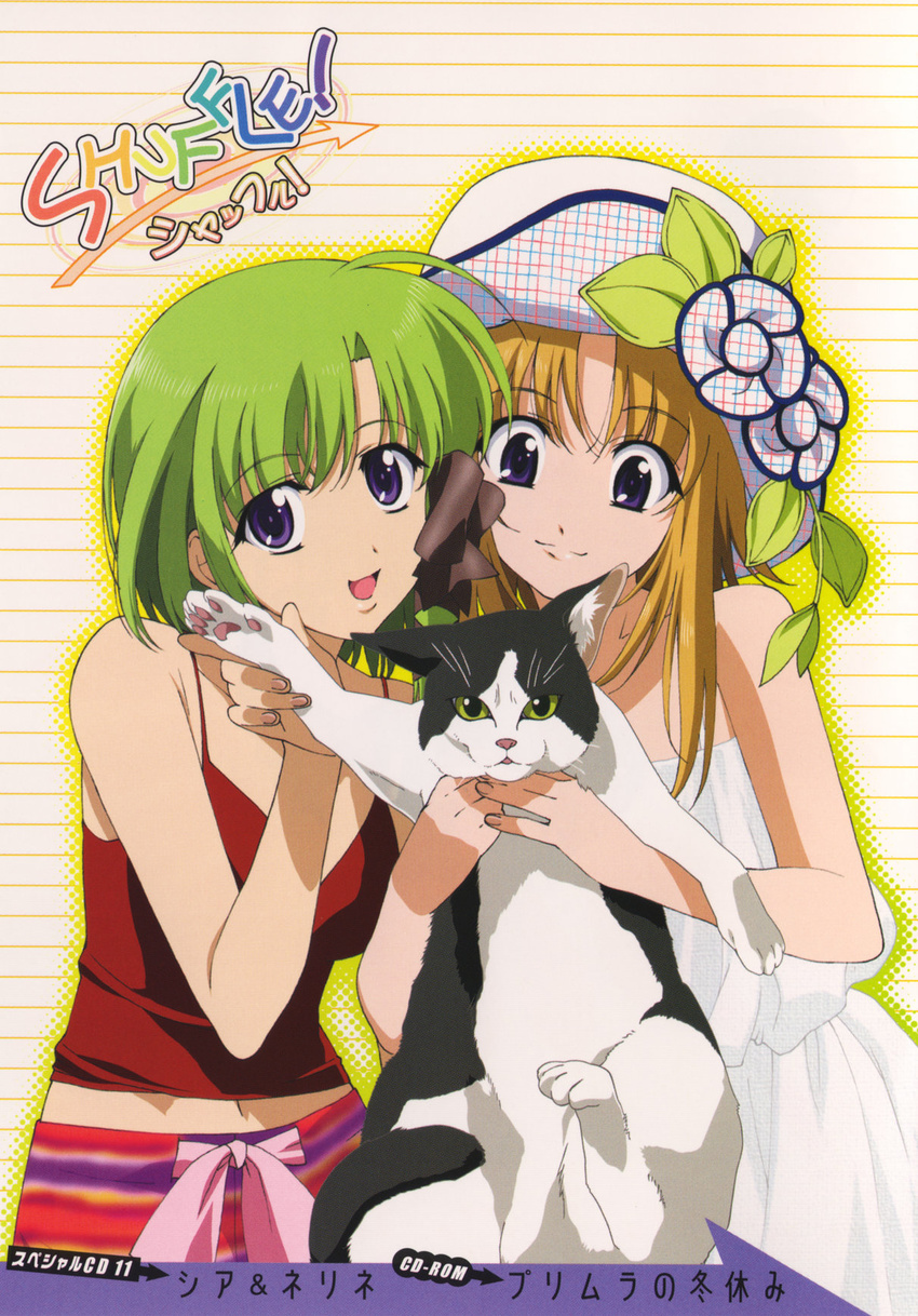 :d age_difference ahoge animal asymmetrical_hair bangs bare_shoulders black_bow black_cat black_ribbon blue_eyes bow breasts camisole casual cat closed_mouth copyright_name cover cowboy_shot directional_arrow dress eyebrows_visible_through_hair flower gradient green_eyes green_hair hair_bow hair_ribbon halftone happy hat hat_flower head_tilt highres hirayama_eiji holding holding_animal holding_cat horizontal_stripes leaf light_smile logo looking_at_viewer looking_down mature medium_breasts midriff mother_and_daughter multiple_girls navel official_art open_mouth orange_hair outline parted_bangs plaid plaid_hat rainbow_order rainbow_text red_shirt ribbon sash scan shigure_ama shigure_asa shirt short_hair_with_long_locks shuffle! sidelocks smile spaghetti_strap standing striped striped_background sun_hat sundress tress_ribbon white_background white_cat white_dress white_hat