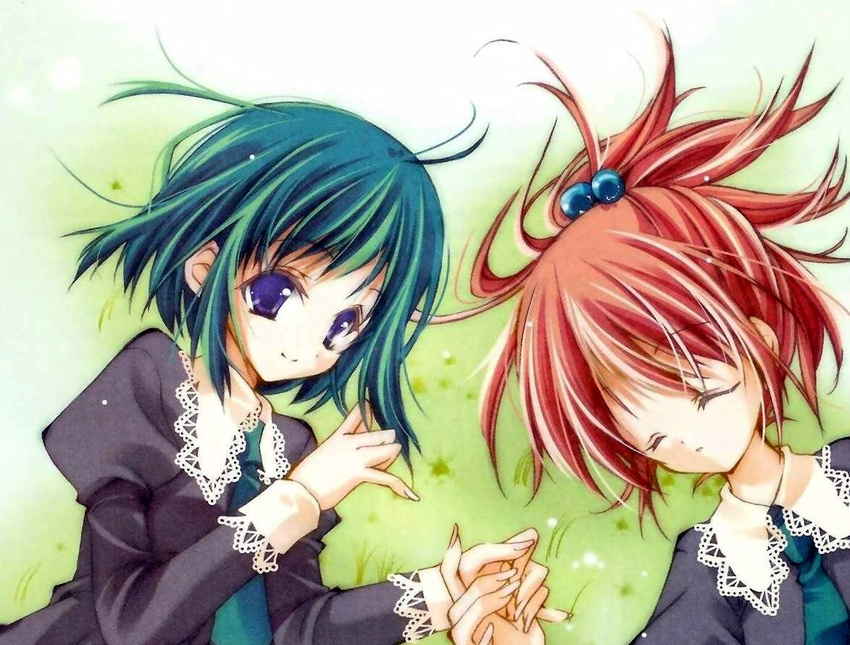 antenna_hair aoi_nagisa blue_eyes closed_eyes grass green_hair hair_bobbles hair_ornament holding_hands lace long_sleeves lying maki_chitose multiple_girls necktie on_back on_side outdoors pink_hair ponytail school_uniform short_hair sleeping smile strawberry_panic! tsukidate_chiyo yuri