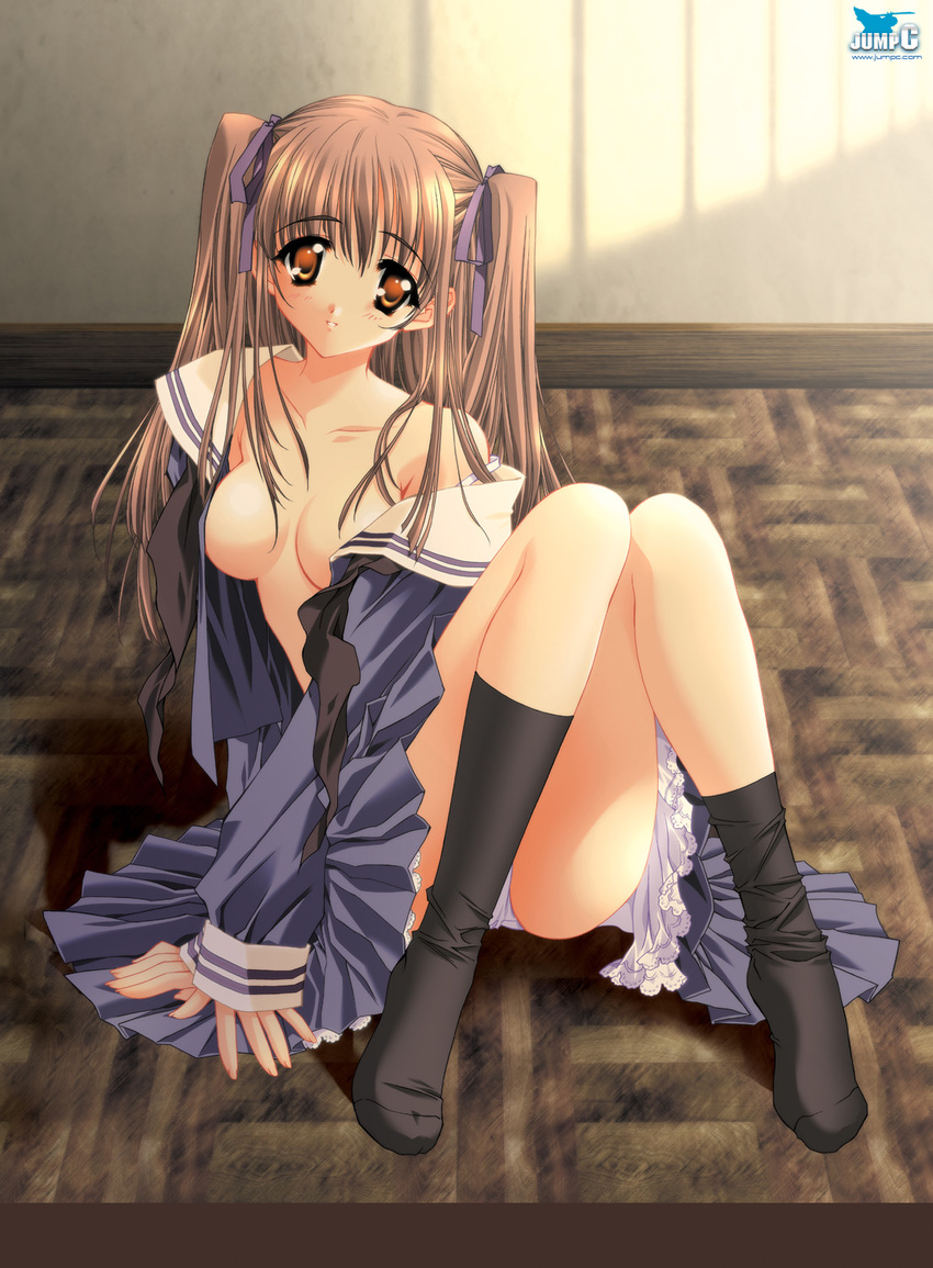 black_legwear bra breasts brown_hair carnelian copyright_request duplicate hair_ribbon highres kneehighs lingerie long_hair long_sleeves medium_breasts neckerchief no_bra open_clothes open_shirt orange_eyes panties pantyshot pantyshot_(sitting) petticoat pleated_skirt ribbon school_uniform shirt sitting skirt socks solo strap_slip twintails underwear undressing watermark white_bra white_panties