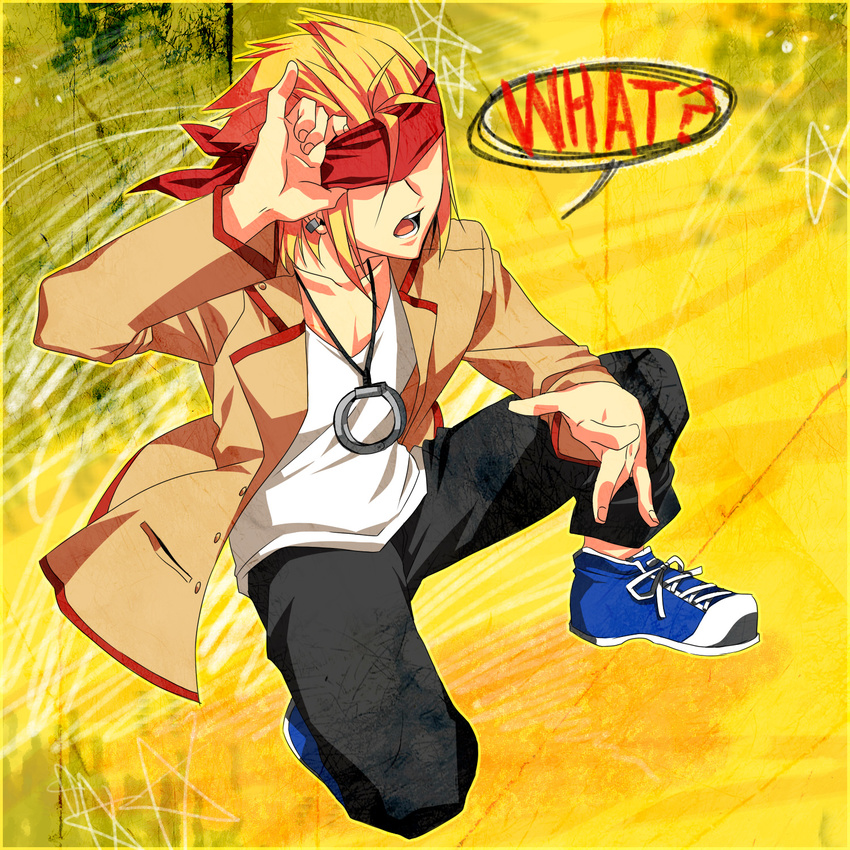 angel_beats! bandana blonde_hair dpzkzl earrings english highres jacket jewelry male_focus shoes single_earring solo tk_(angel_beats!)