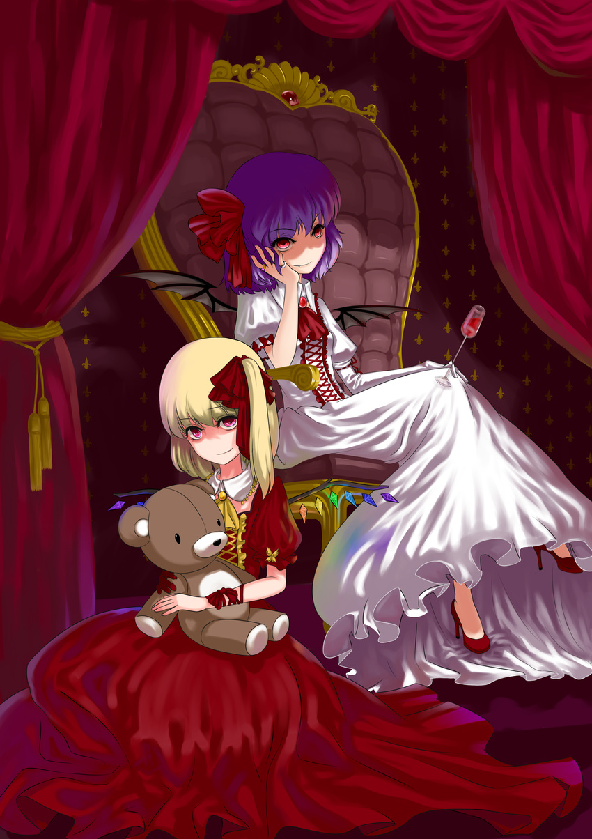 absurdres bad_id bad_pixiv_id bat_wings blonde_hair crossed_legs dress flandre_scarlet glass gloves highres multiple_girls orangec purple_hair red_eyes remilia_scarlet ribbon short_hair siblings side_ponytail single_glove sisters sitting stuffed_animal stuffed_toy teddy_bear touhou wings