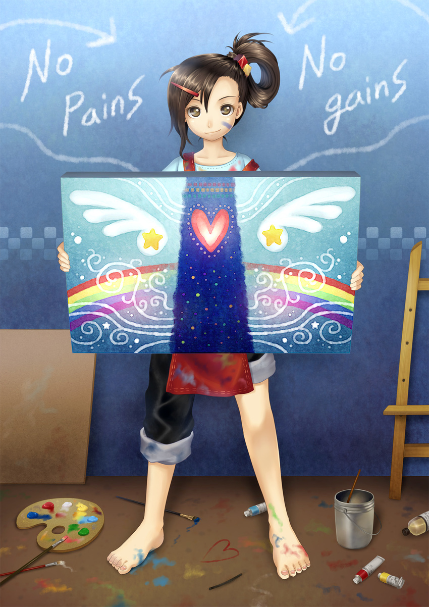 art_brush asymmetrical_clothes bad_id bad_pixiv_id barefoot brown_eyes brown_hair easel english feet hair_bobbles hair_ornament hairclip heart highres holding mauve messy oekaki_musume original paint paint_stains paintbrush painting palette rainbow short_hair side_ponytail smile solo star