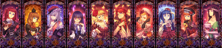 6+girls absurdres armband bare_shoulders beatrice belt blonde_hair blue_eyes blue_hair book bow breasts bug butterfly cane cape choker cleavage column_lineup crazy crown crystal dress elbow_gloves eva_beatrice evil_grin evil_smile fang featherine_augustus_aurora flower frederica_bernkastel furudo_erika gloves glowing glowing_eyes grin hair_bobbles hair_bow hair_flower hair_ornament hairclip hat highres hime_cut insect jewelry kiseru lambdadelta large_breasts long_image magic_circle maria_(umineko) medal misti multiple_girls necklace necktie one_eye_closed orange_eyes orange_hair pink_bow pink_hat pipe pumpkin purple_eyes purple_hair red_hair ribbon rose sakutarou sash short_hair silk smile spider_web staff troll_face twintails umineko_no_naku_koro_ni ushiromiya_ange ushiromiya_battler virgilia wand wide_image