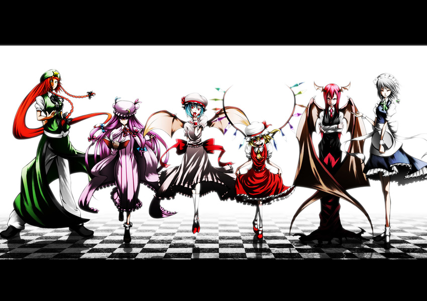 bad_id bad_pixiv_id bat_wings checkered checkered_floor crossed_legs curtsey flandre_scarlet highres hong_meiling izayoi_sakuya koakuma letterboxed lineup maid multiple_girls patchouli_knowledge perspective remilia_scarlet sako_(onikaki) touhou watson_cross wings