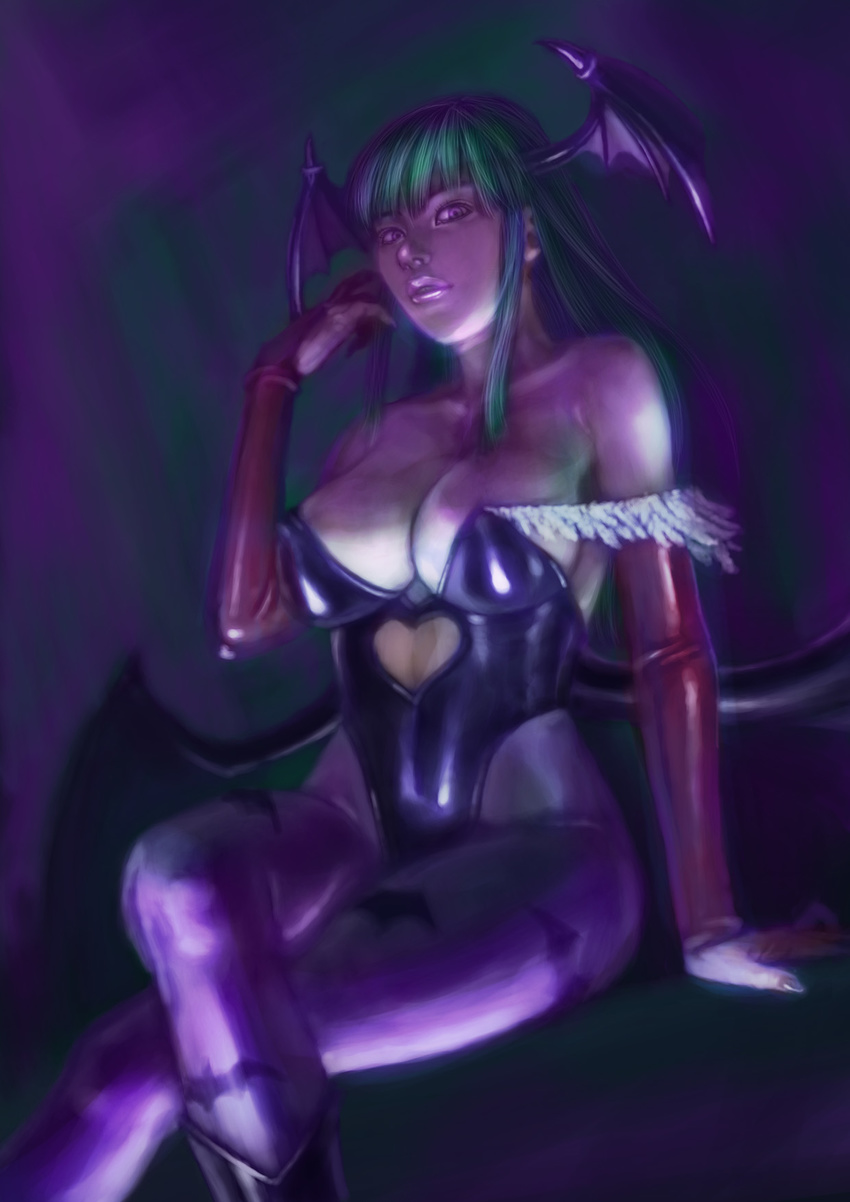 1girl bare_shoulders big_breasts breasts capcom cleavage darkstalkers female green_hair head_wings headwings highres large_breasts latex leotard long_hair morrigan_aensland pantyhose pontako purple_eyes sitting solo vampire_(game) violet_eyes