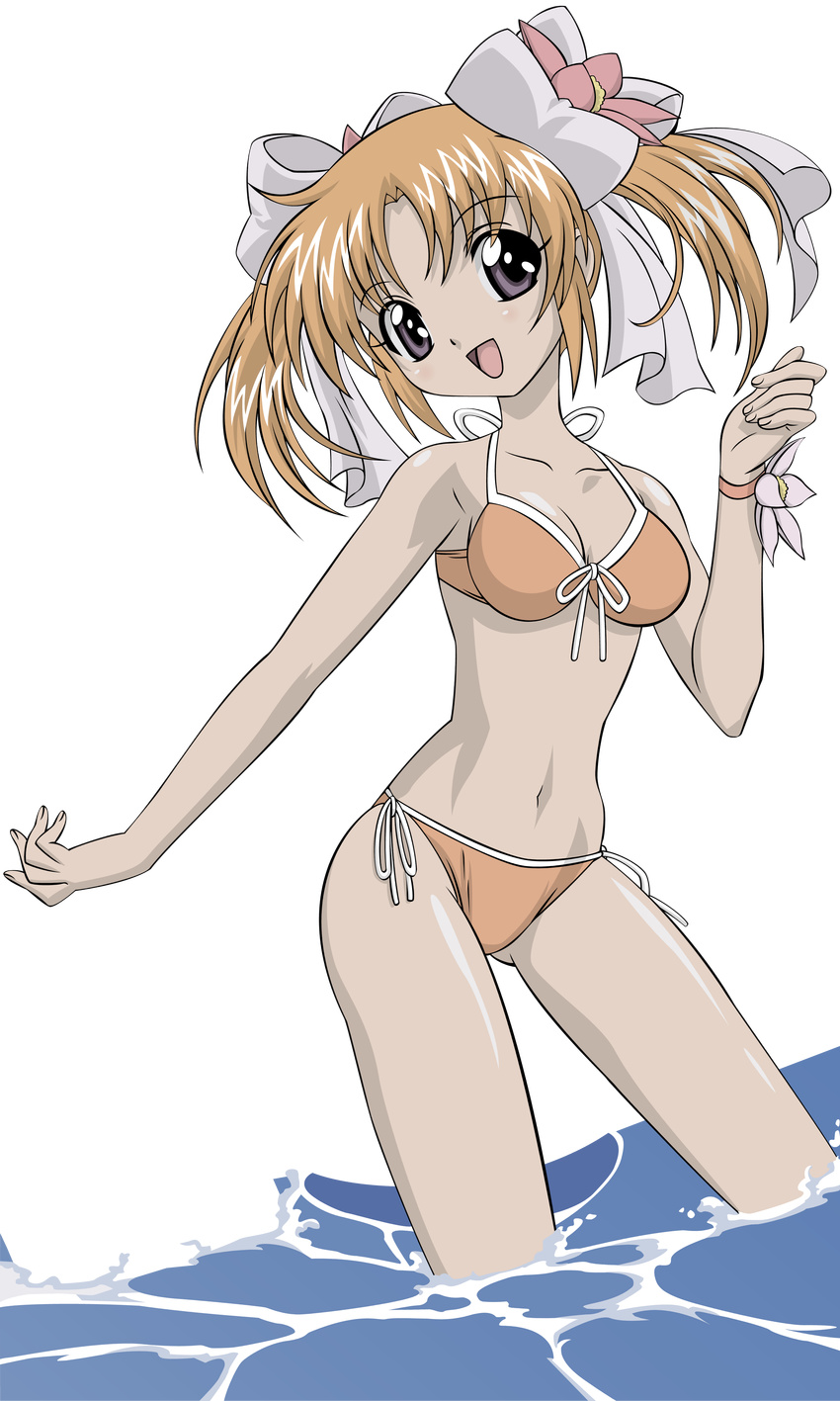 absurdres apricot_sakuraba bikini blush breasts cleavage galaxy_angel galaxy_angel_rune highres medium_breasts ocean open_mouth orange_bikini orange_hair purple_eyes short_twintails side-tie_bikini solo swimsuit transparent_background twintails vector_trace water