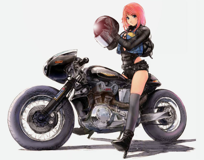 artist_request boots copyright_request ground_vehicle helmet high_heels motor_vehicle motorcycle pink_hair shoes short_shorts shorts solo thighhighs vest