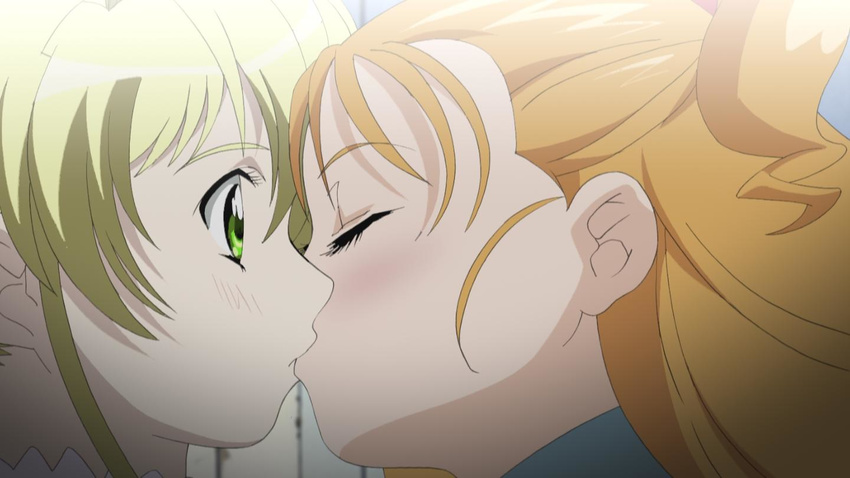 aeru blonde_hair blush close-up closed_eyes face floe green_eyes kiss multiple_girls orange_hair screencap simoun yuri