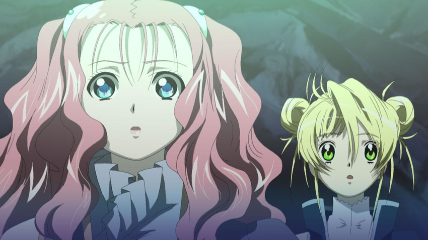 :o aeru blonde_hair blue_eyes cave collar face green_eyes headgear multiple_girls neviril parted_lips pink_hair screencap simoun twintails upper_body