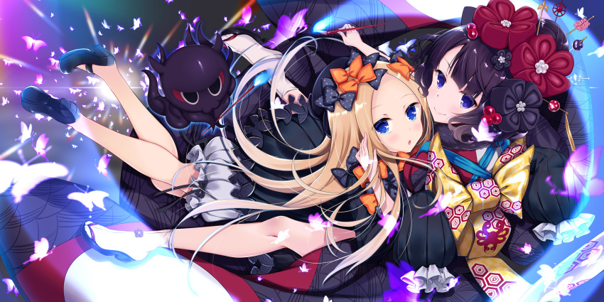 2girls abigail_williams_(fate/grand_order) absurdres animal bangs black_bow black_dress black_footwear black_hat black_kimono blonde_hair bloomers blue_eyes blush bow bug butterfly calligraphy_brush checkered closed_mouth commentary_request dress fate/grand_order fate_(series) forehead hair_bow hair_ornament hat high_heels highres holding holding_paintbrush insect japanese_clothes katsushika_hokusai_(fate/grand_order) kimono ko_yu long_hair long_sleeves looking_at_viewer multiple_girls octopus orange_bow paintbrush parted_bangs parted_lips polka_dot polka_dot_bow purple_eyes purple_hair shoe_soles sleeves_past_fingers sleeves_past_wrists smile tabi tokitarou_(fate/grand_order) underwear very_long_hair white_bloomers white_legwear zouri