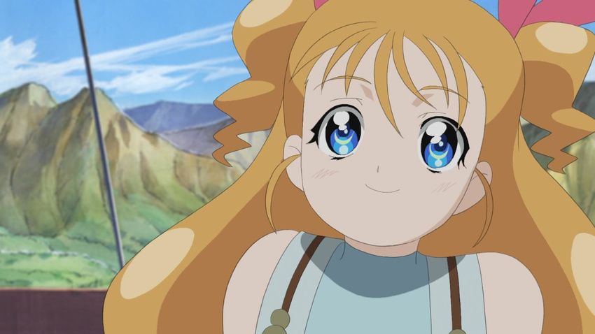 bare_shoulders blue_eyes bow day floe hair_bow mountain outdoors red_bow screencap simoun smile solo upper_body vest