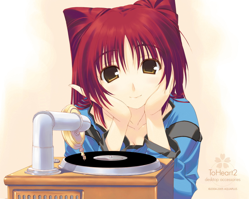 2004 amazuyu_tatsuki brown_eyes casual copyright_name dated eyebrows_visible_through_hair hands_on_own_cheeks hands_on_own_face kousaka_tamaki long_sleeves looking_at_viewer official_art phonograph red_hair smile solo to_heart_2 upper_body