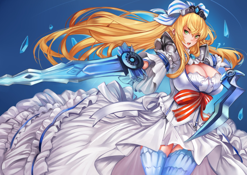 1girl absurdres blonde_hair blue_legwear blue_ribbon breasts cendrillion_(wonderland_wars) cleavage commentary_request dress dual_wielding green_eyes hair_ribbon highres holding huge_breasts long_hair looking_at_viewer open_mouth ribbon solo striped striped_ribbon sword tahnya thighhighs weapon white_dress white_ribbon wonderland_wars