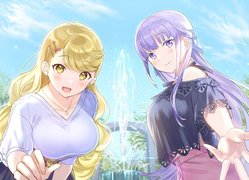 2girls :d bangs blonde_hair blue_sky blush braid breasts casual closed_mouth cloud curly_hair day eyebrows_visible_through_hair fountain ga_bunko girl_sandwich hair_ornament hairclip highres jewelry koibito_zen'in_wo_shiawase_ni_suru_hanashi large_breasts leaning_forward long_hair looking_at_viewer multiple_girls necklace novel_illustration off_shoulder official_art open_mouth outdoors purple_eyes purple_hair reaching_out sandwiched shiny shiny_hair shirase_risa shirt sidelocks sky smile sparkle takarazaki_haruka tan_(tangent) textless upper_body very_long_hair yellow_eyes