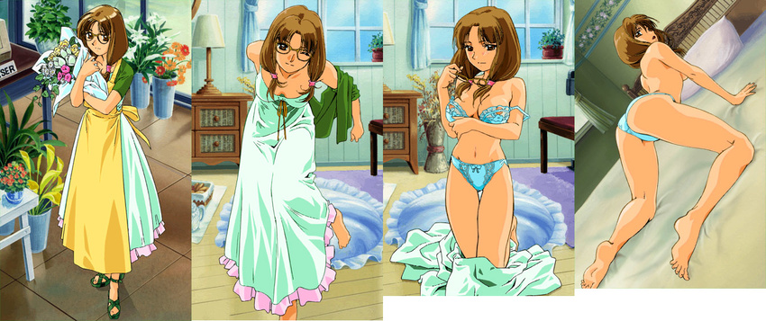 all_fours apron artist_request bed blush bouquet bra breasts brown_eyes brown_hair cleavage dress dutch_angle eyewear_removed fingernails flower game_cg glasses kneeling leaning_forward lingerie looking_at_viewer looking_back lovely_pop_mahjong_jangjang_shimasho_2 medium_breasts multiple_views navel on_bed one_eye_closed panties standing topless underwear underwear_only undressing window