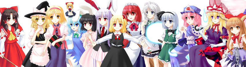 alice_margatroid animal_ears apron arm_support artist_request ascot black_hair black_skirt blonde_hair blue_eyes blue_hair blue_ribbon bob_cut book bow brown_hair bunny_ears choker cirno detached_sleeves dress elbow_gloves flower frilled_bow frilled_shirt_collar frills gap gloves gohei green_skirt green_vest hair_bow hair_tubes hairband hakurei_reimu hand_on_hip hat hitodama horn_ribbon horns ibuki_suika inaba_tewi izayoi_sakuya kirisame_marisa konpaku_youmu konpaku_youmu_(ghost) lavender_hair long_hair long_sleeves maid multiple_girls orange_eyes orange_hair pink_eyes pink_hair purple_dress purple_eyes red_bow red_eyes red_hair red_ribbon red_skirt reisen_udongein_inaba ribbon ribbon-trimmed_collar ribbon-trimmed_sleeves ribbon_choker ribbon_trim rumia saigyouji_yuyuko seihou shanghai_doll short_hair silver_hair skirt sleeveless sleeveless_dress touhou triangular_headpiece umbrella vest vivit waist_apron white_hair witch witch_hat yakumo_yukari yellow_eyes yellow_neckwear