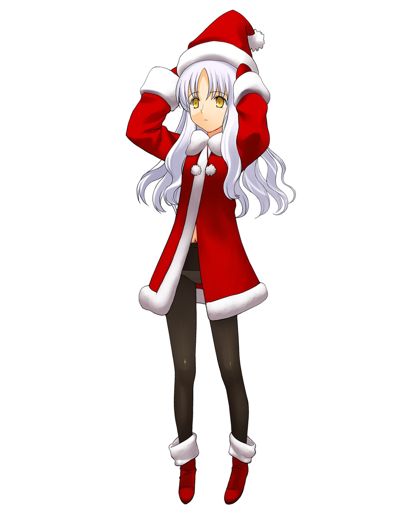 a1 absurdres boots caren_hortensia christmas fate/stay_night fate_(series) hat highres long_hair long_sleeves pantyhose santa_costume santa_hat solo
