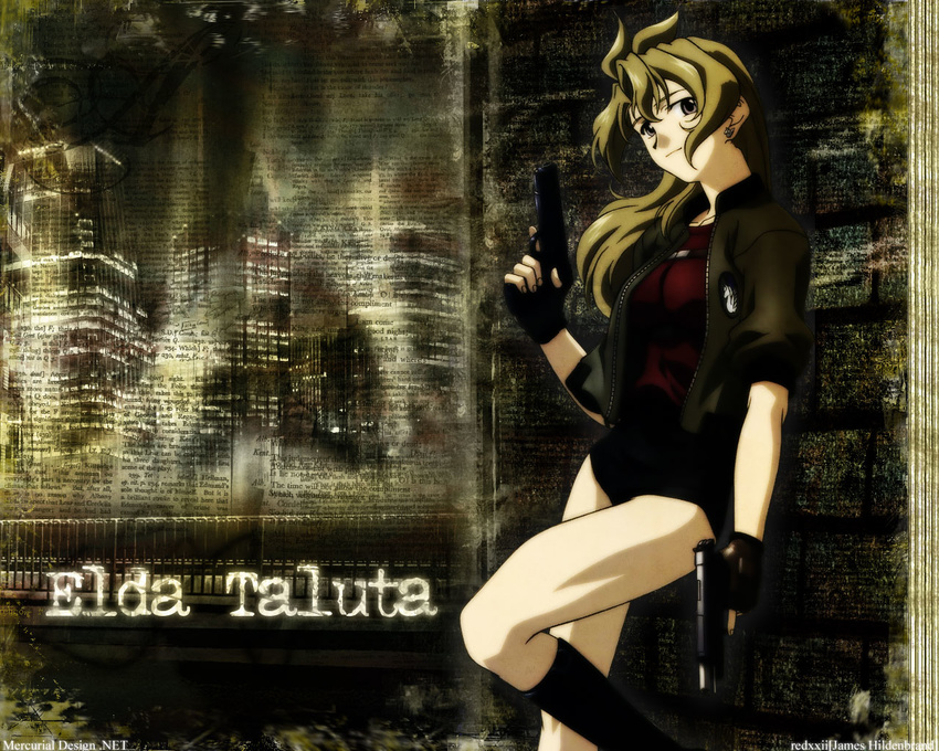 artist_request black_gloves brown_eyes brown_hair dual_wielding fingerless_gloves gloves gun handgun holding jacket locked_slide long_hair looking_at_viewer madlax madlax_(character) pistol red_shirt shirt shorts sig_sauer sig_sauer_p210 smile solo watermark weapon web_address