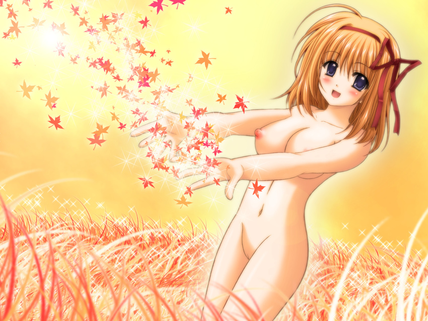 :d ahoge autumn autumn_leaves blue_eyes blurry blush breasts cowboy_shot depth_of_field dutch_angle eyebrows eyebrows_visible_through_hair field food from_side fruit fuyou_kaede hair_between_eyes hair_ribbon hairband happy highres large_breasts leaf legs_together nature navel nipples nishimata_aoi nude nude_filter official_art open_hands open_mouth orange orange_hair outline outstretched_arms outstretched_hand pussy red_ribbon ribbon shuffle! sky smile solo sparkle standing sun third-party_edit uncensored wallpaper