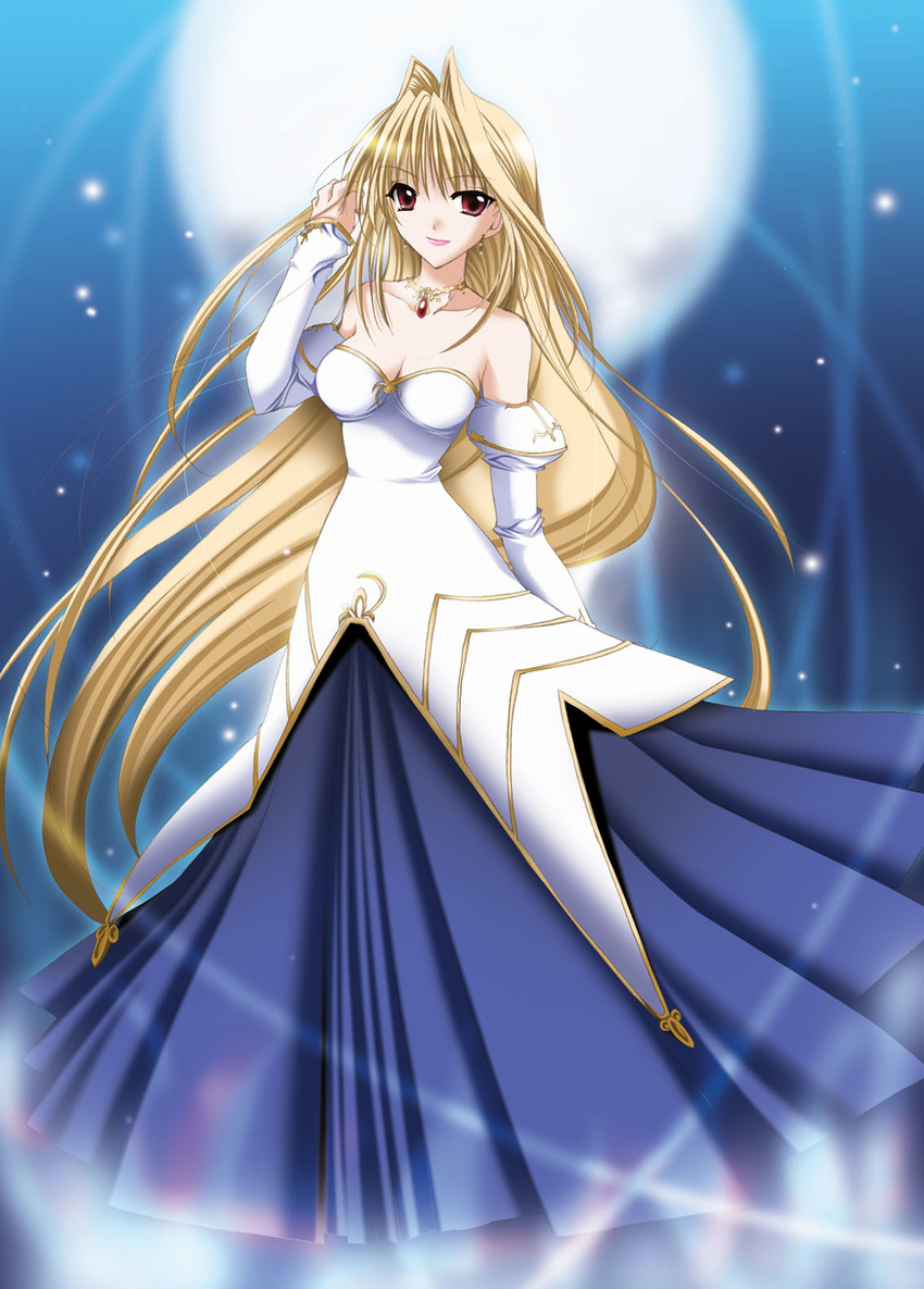 archetype_earth arcueid_brunestud artist_request blonde_hair dress highres long_hair long_sleeves red_eyes solo strapless strapless_dress tsukihime