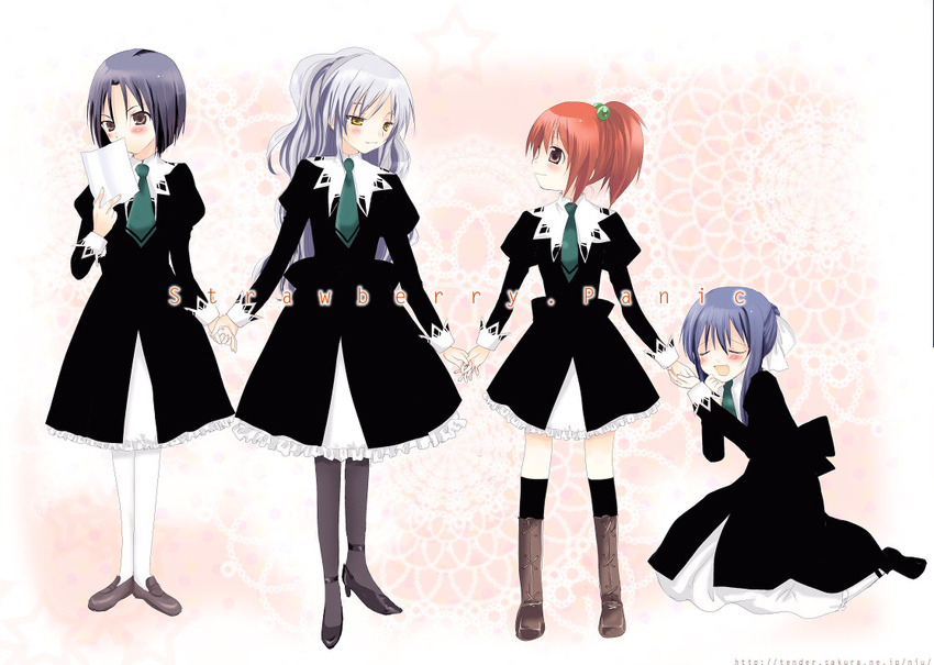 aoi_nagisa black_dress black_hair black_legwear blush closed_eyes dress full_body hanazono_shizuma kayune_niu loafers long_hair long_sleeves looking_at_another multiple_girls necktie pantyhose paper ponytail purple_hair reading red_hair rokujou_miyuki shoes short_hair silver_hair standing strawberry_panic! suzumi_tamao white_legwear yellow_eyes