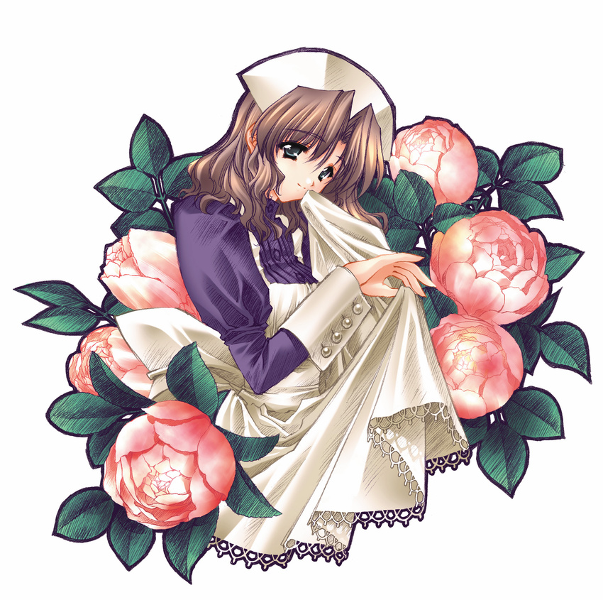 apron bangs brown_hair buttons carnelian flower from_side green_eyes hand_to_own_mouth harukawa_tomomi highres kao_no_nai_tsuki lace long_sleeves maid parted_bangs peony_(flower) smile solo