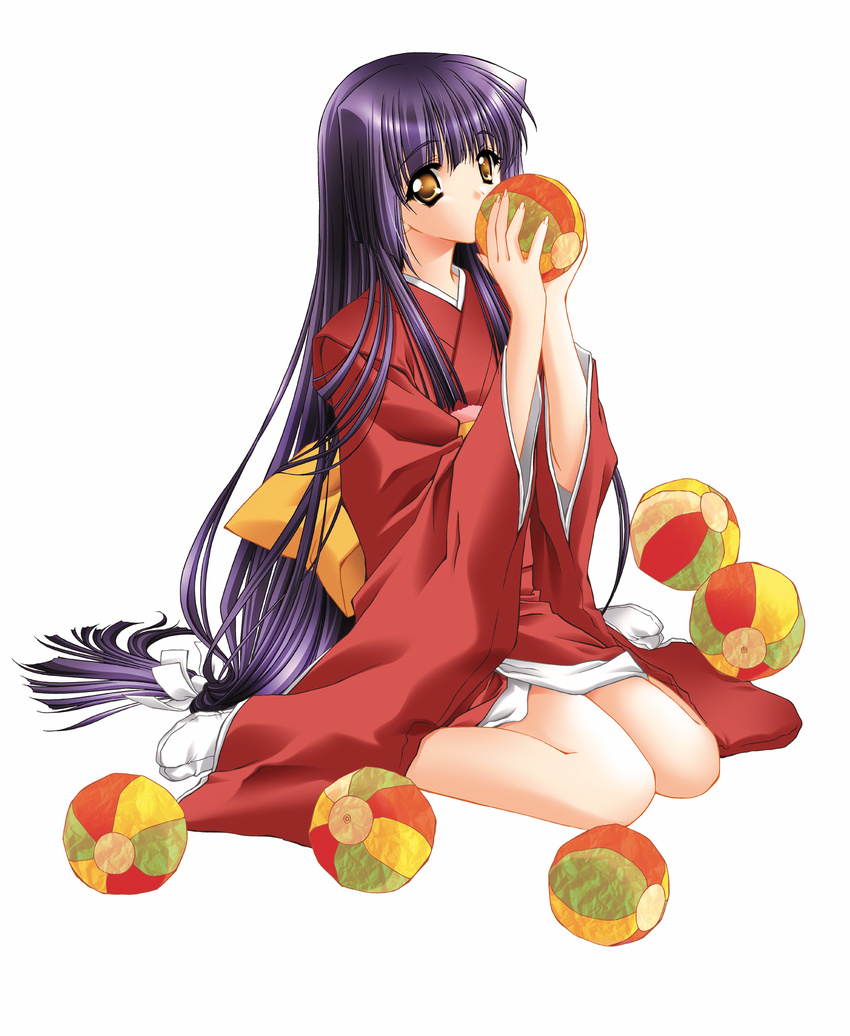 ball carnelian highres japanese_clothes kao_no_nai_tsuki kimono kuraki_mizuna legs long_hair long_sleeves orange_eyes purple_hair sitting socks solo tabi temari_ball