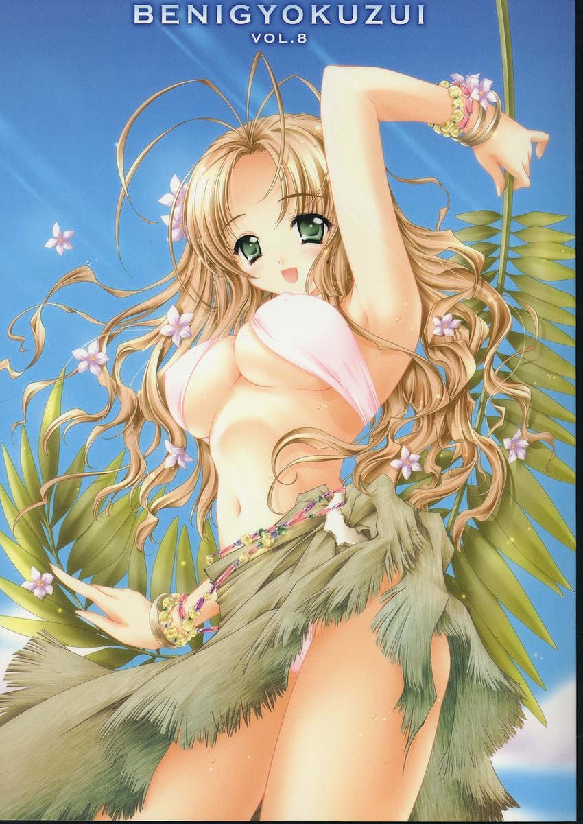 antenna_hair arm_up armpits belt bikini blush bracelet breasts brown_hair carnelian cloud copyright_request cover cover_page day doujinshi flower green_eyes green_sarong hair_flower hair_ornament highres jewelry large_breasts leaf long_hair navel non-web_source outdoors sarong skirt sky solo swimsuit underboob wet