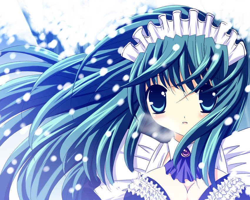 blue_eyes breasts cleavage copyright_request frills green_eyes green_hair large_breasts long_hair maid_headdress shikigami_azuma snowing solo wind
