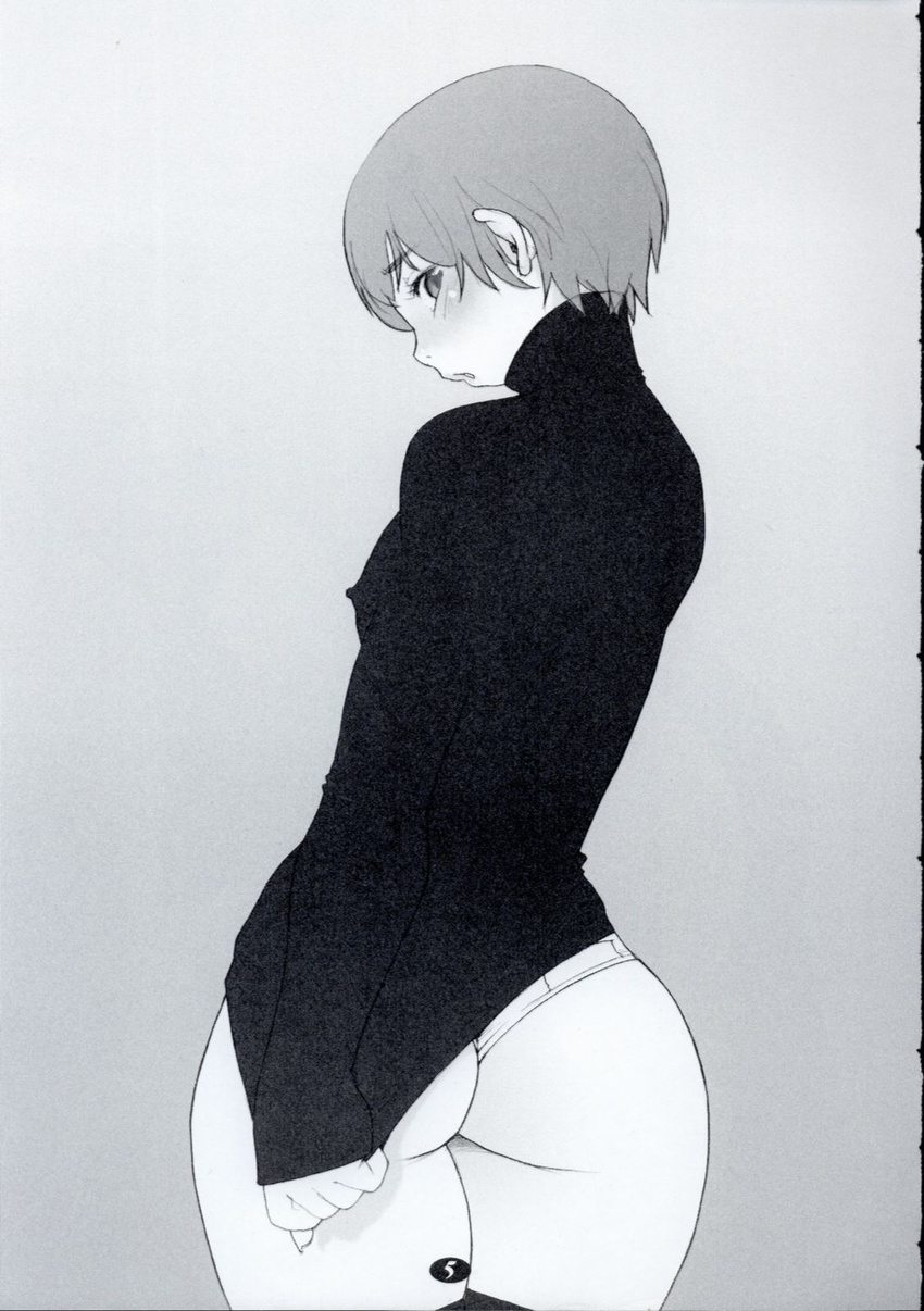 androgynous ass blush breasts from_behind greyscale highres long_sleeves looking_back male_focus monochrome no_pants open_mouth original otoko_no_ko panties po-ju scan short_hair small_breasts solo sweater thick_thighs thighhighs thighs thong turtleneck underwear wide_hips